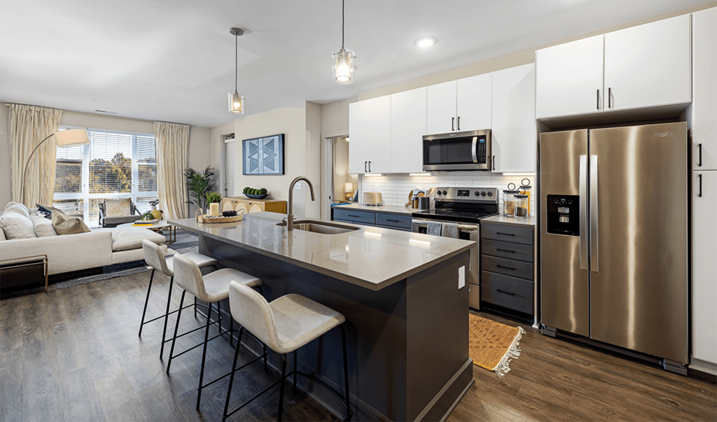 Ramsey Interior Unit previewing kitchen and open living room