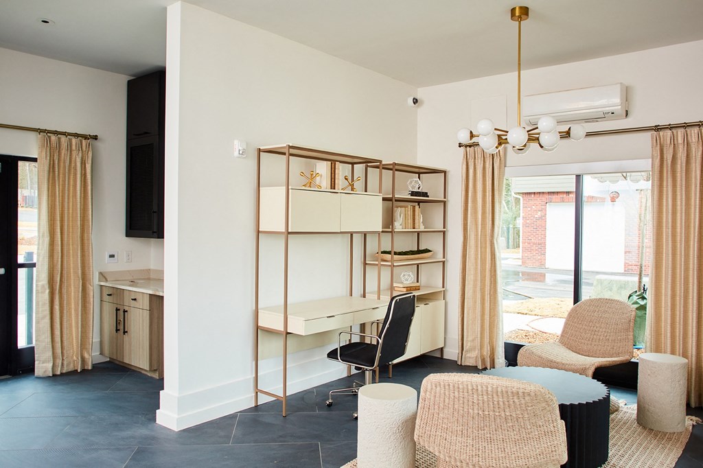 aqua lounge with seating and shelving