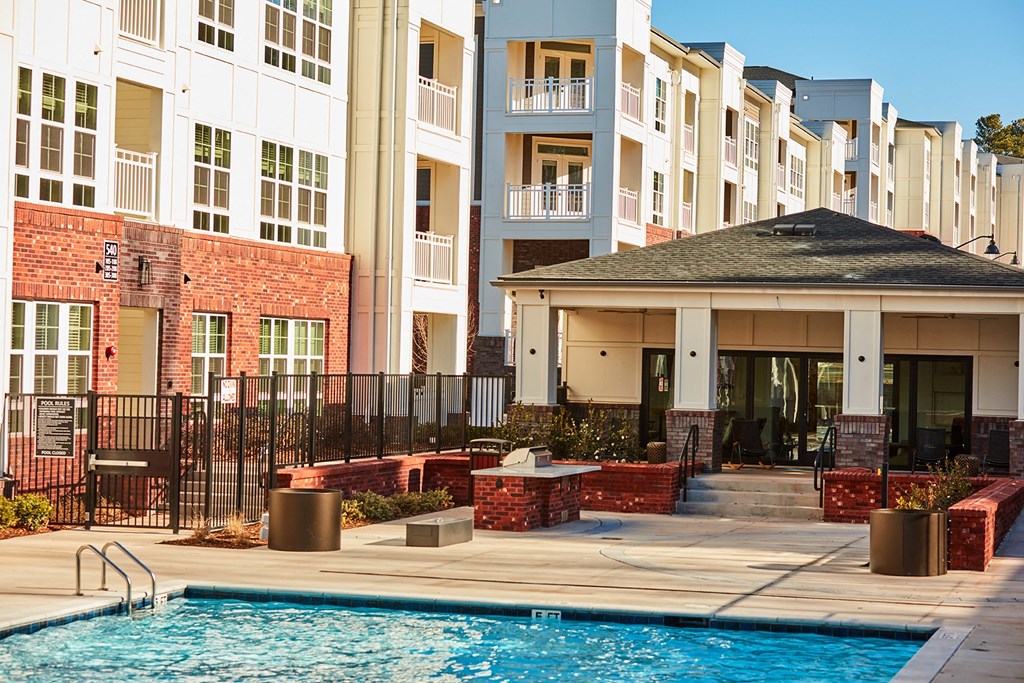 pool area with building in background