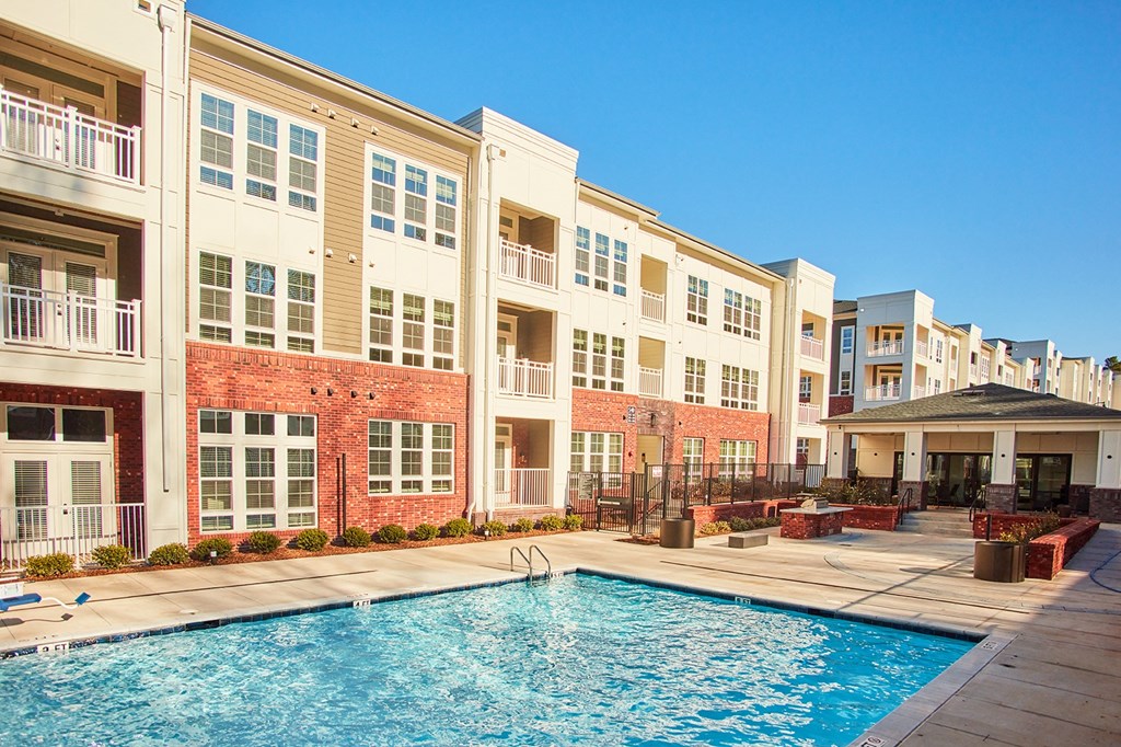 pool area with building in background