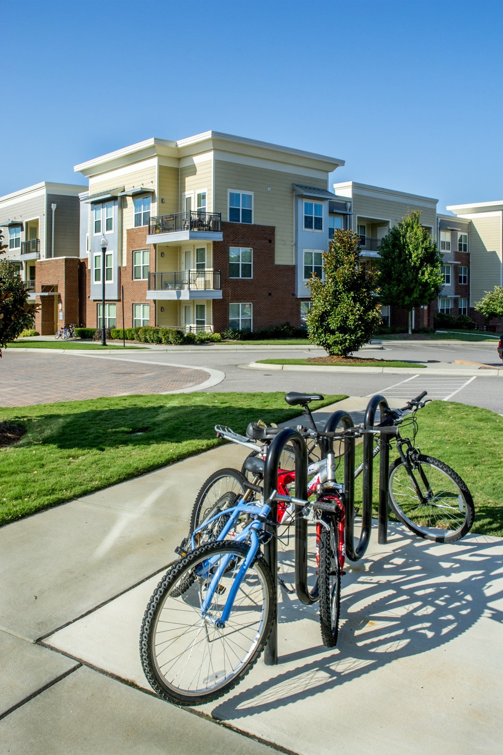 A blue bicycle is parked next to a red bicycle on a sidewalk.