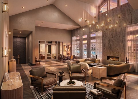 A clubroom with a fireplace and a large window.