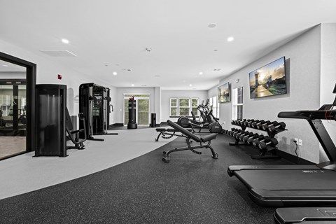 A gym with treadmills, elliptical machines, and other exercise equipment.