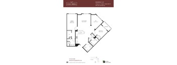 A floor plan for a residence in Columbia showing a primary bedroom, living/dining area, den, balcony, and two bedrooms.