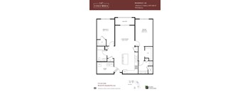 A floor plan for a 2 bedroom, 2 bathroom apartment with balcony.