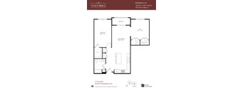A floor plan for a residence with two bedrooms, one bath, and living areas.