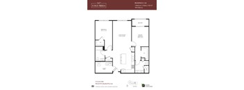 A floor plan for a 2-bedroom, 2 bathroom apartment with balcony.