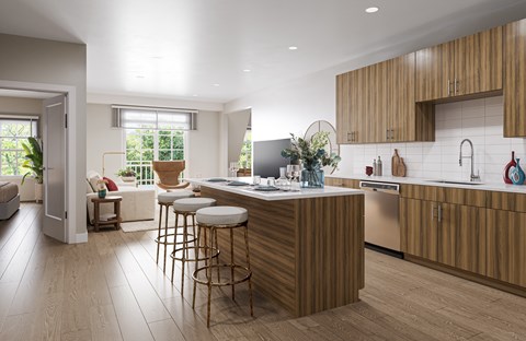 A modern kitchen with wooden cabinets and a central island.