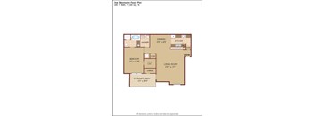 A floor plan of a one bedroom apartment with a bathroom, living room, kitchen, and screened patio.