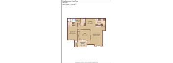 A floor plan of a one bedroom apartment with den and living room.