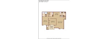 A floor plan of a two bedroom apartment with a living room, two bedrooms, a bathroom, a walk-in closet, a screened patio, and a kitchen.