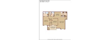 A floor plan of a two bedroom apartment with a living room, two bedrooms, a kitchen, a dining area, and a screened-in porch.