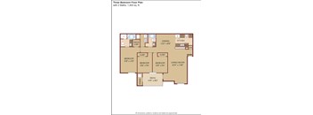 A floor plan of a three bedroom apartment with two bathrooms.