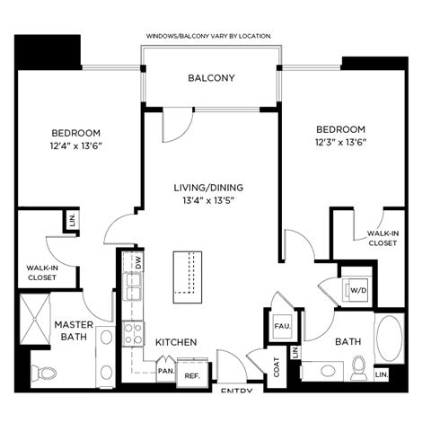 A floor plan of a house with a balcony, two bedrooms, a living/dining area, a kitchen, a master bath, a walk-in closet, and a bathroom.