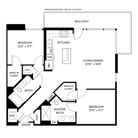 A floor plan of a house with a balcony, two bedrooms, a living area, a kitchen, a bathroom, and a master bath.