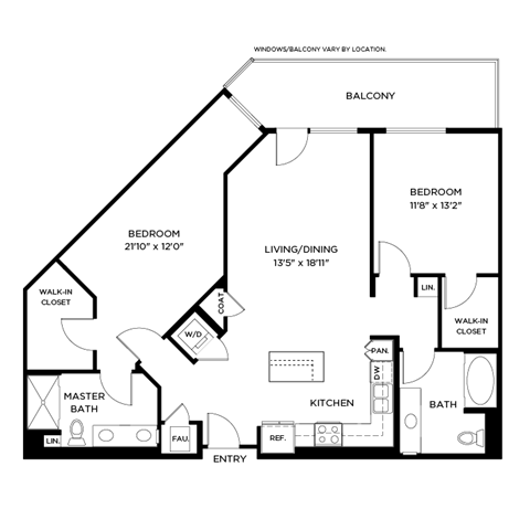 A floor plan of a house with two bedrooms, a living area, a kitchen, a bathroom, and a master bath.