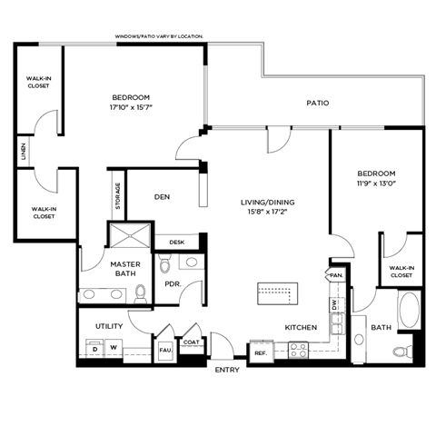A black and white floor plan of a house with two bedrooms, a living area, a kitchen, a bathroom, a utility room, a master bath, a den, a patio, and a walk-in closet.