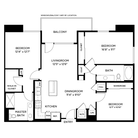 A floor plan of a house with a living room, two bedrooms, a dining room, a kitchen, a master bath, a walk-in closet, and a wardrobe.
