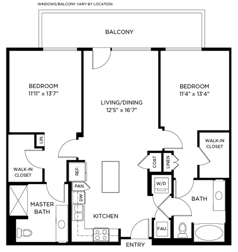 A floor plan of a balcony with two bedrooms, a living/dining area, a kitchen, a master bath, a bath, a walk-in closet, and an entry.