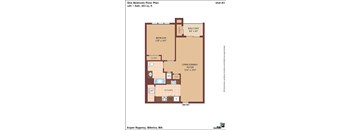 A floor plan of a one bedroom apartment with a bathroom, living/dining room, kitchen, and cloakroom.