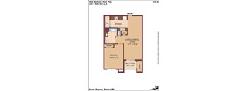 A floor plan of a one bedroom apartment with a bathroom, kitchen, living room, and bedroom.