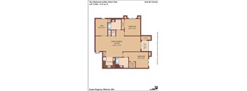 A floor plan of a two bedroom apartment with a den.