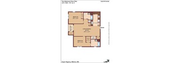 A floor plan of a two bedroom apartment with a living and dining room.