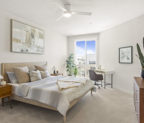 A spacious apartment bedroom with natural light and a ceiling fan.