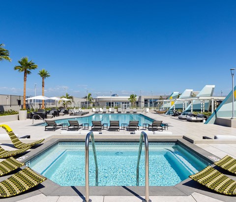 A large outdoor swimming pool surrounded by sun loungers and palm trees.