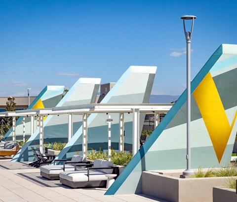 A row of white chairs with blue and yellow stripes on the backs are lined up on a patio.
