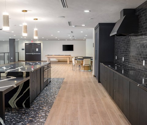 A modern kitchen with a long wooden floor and black cabinets.
