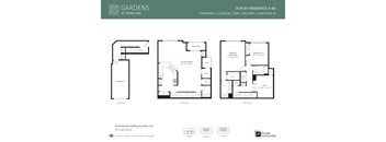 A floor plan for Gardens at Roseland shows a 2 bedroom, 2.5 bath apartment with a living room, dining room, kitchen, and balcony.