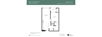 A floor plan for a one bedroom, one bath balcony apartment at Roseland Gardens at Roseland.