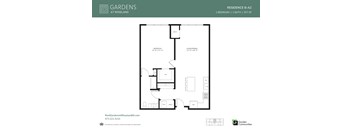 A floor plan for a one bedroom, one bathroom apartment at Roseland Gardens.