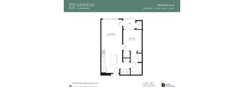 A floor plan for a one bedroom apartment at Roseland Gardens.