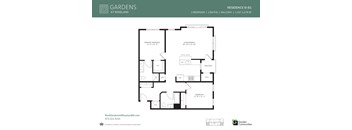 A floor plan for Gardens at Roseland Residence B-B1 showing a 2 bedroom, 2 bathroom layout.
