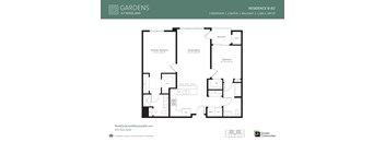 A floor plan for a residence at Roseland showing two bedrooms, two bathrooms, a balcony, and living and dining areas.