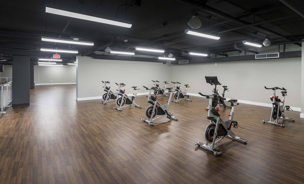A room with a row of stationary bikes.