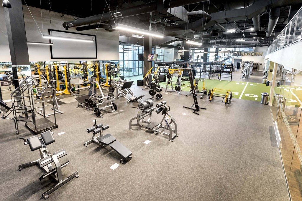 A gym with a variety of equipment including treadmills, weights, and exercise machines.