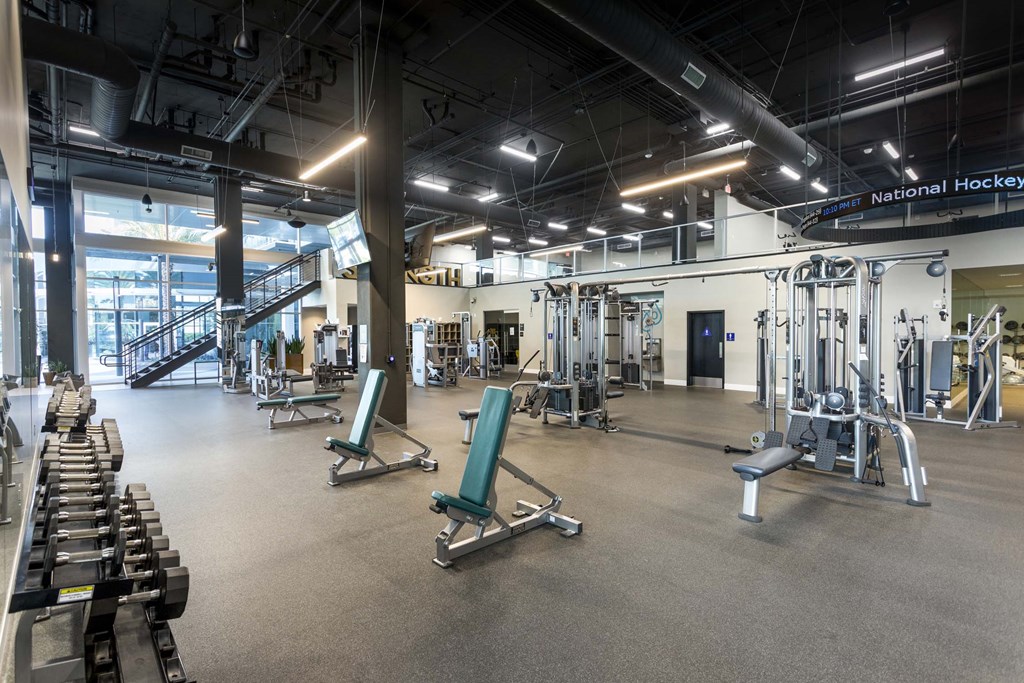 A gym with a variety of equipment including weights and benches.
