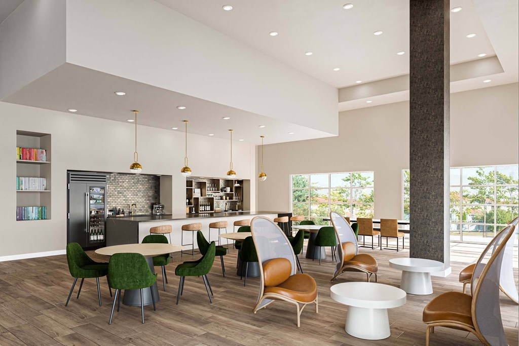 A modern dining room with a bar and chairs.