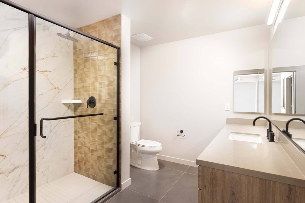 A bathroom with a marble shower and a toilet.