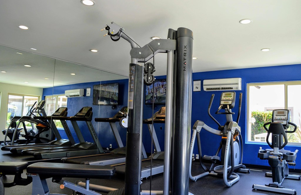 A gym with a variety of equipment including treadmills, stationary bikes, and weight machines.at La Jolla Canyon Apartments, San Diego, CA