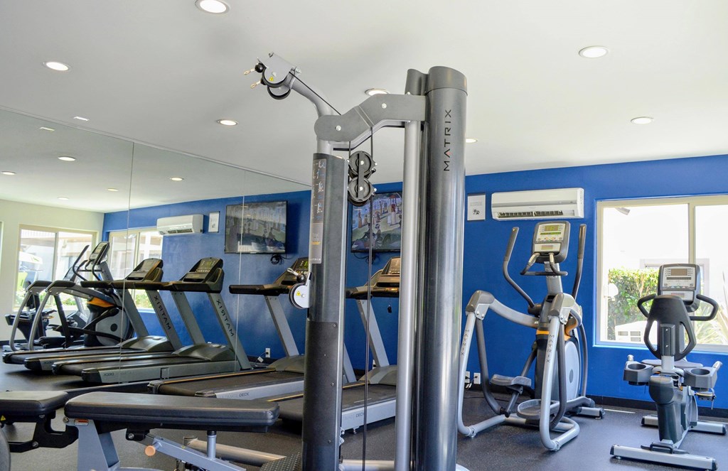 A gym with a variety of equipment including treadmills, exercise bikes, and weight machines.at La Jolla Canyon Apartments, California, 92121