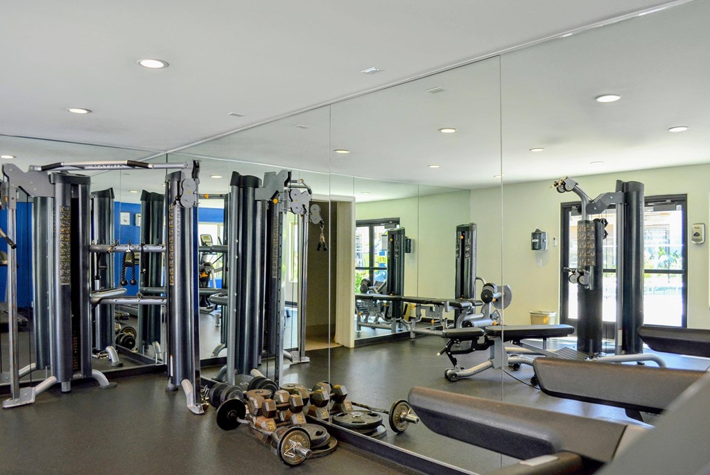 A gym with a variety of equipment including treadmills, weights, and exercise machines.at La Jolla Canyon Apartments, San Diego
