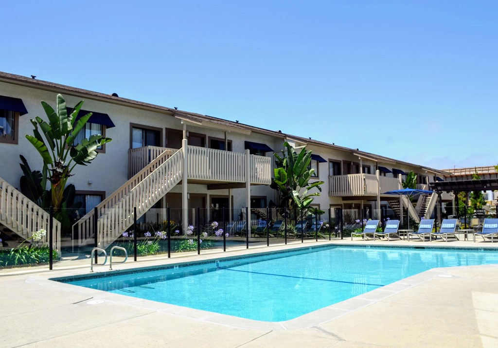 A swimming pool is surrounded by sun loungers and palm trees.at La Jolla Canyon Apartments, San Diego, CA 92121