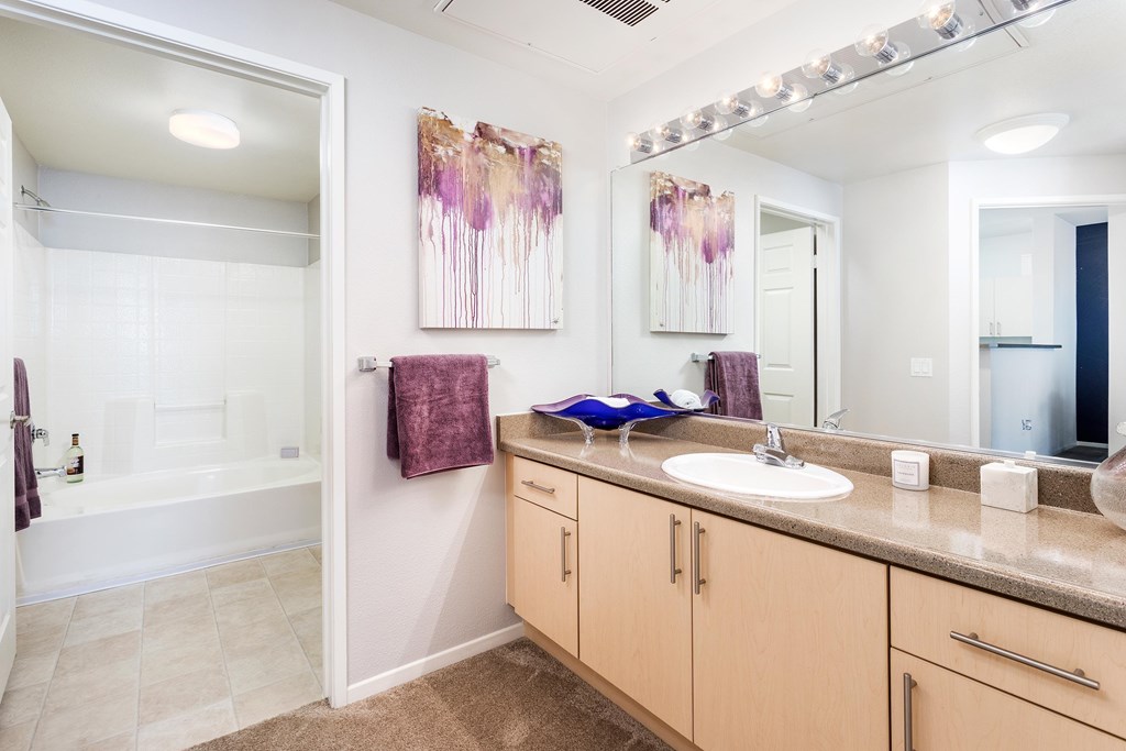 Bathroom With Storage Area at La Jolla Crossroads Apartments, California, 92122