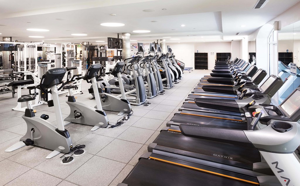 A gym with treadmills and elliptical machines. at La Jolla Crossroads Apartments, San Diego, 92122