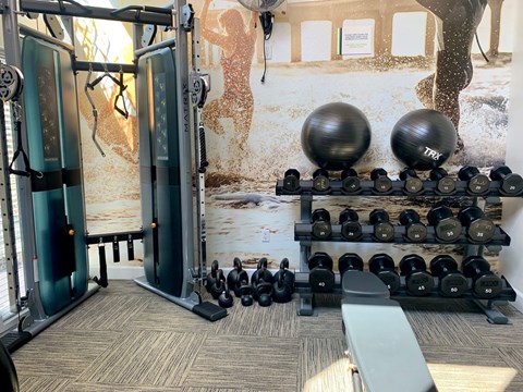 A gym with a variety of equipment including dumbbells, weight plates, and a bench.