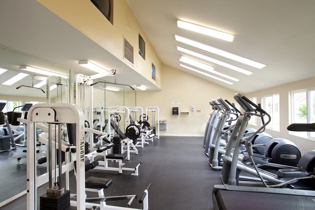 A gym with a variety of equipment including treadmills, weights, and exercise machines.